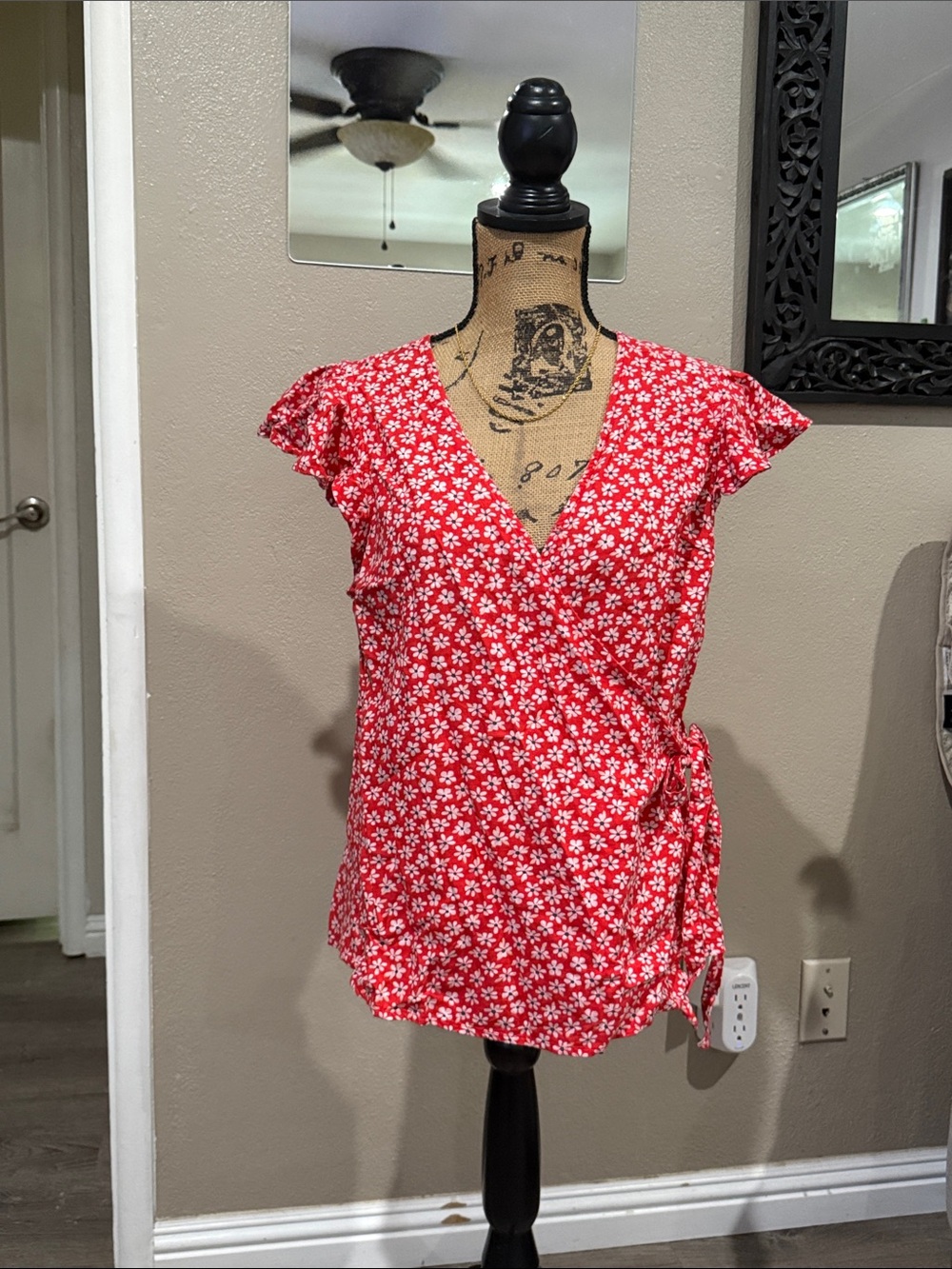Old Navy Red Floral Wrap Blouse